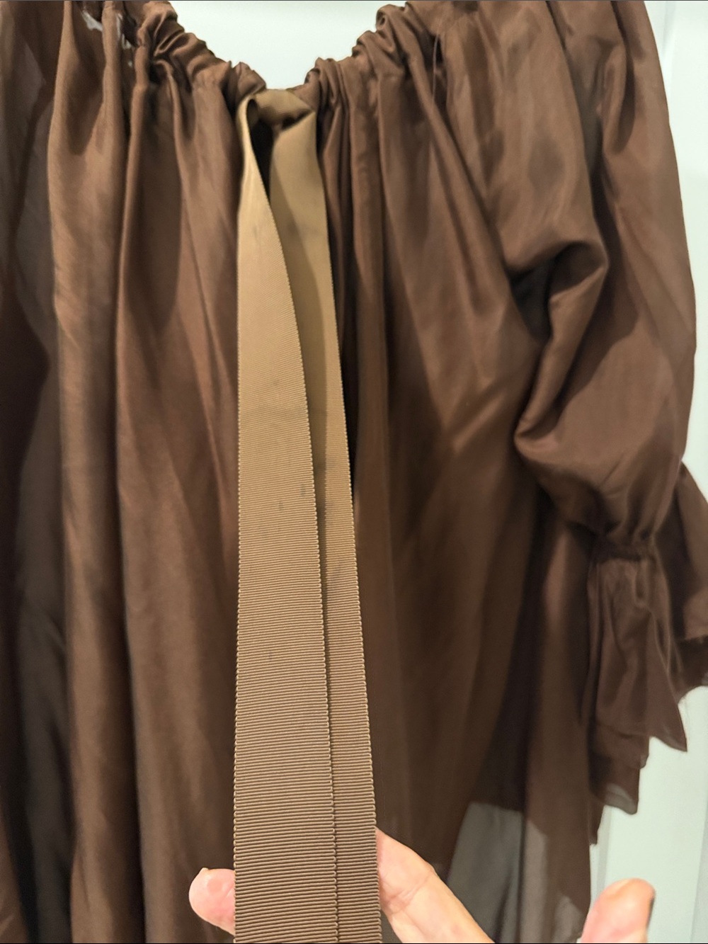 Amano by Lorena Laing brown silk Peasant Blouse with Ribbon Tie - Picture 2 of 7